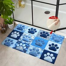 1pc Blue-Toned Paw Print Design Microfiber Bath Rug, Non‑Slip Soft Bathroom Mat, Water‑Absorbent Doormat, Machine Washable, Low Pile, TPR Backing, Knit Fabric, ForBedroom, Kitchen, Entryway Indoor Use, Accessories & Home Decor, Perfect New House Gift - A - View 1