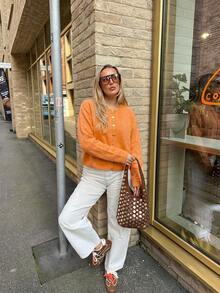 Orange Women's Early Autumn New Knit Cardigan, Lazy Loose Drop Shoulder Round Neck Single-Breasted Short Sweater, Minimalist Round Neck Metal Button Daily Commute Short Sweater - Orange - View 3