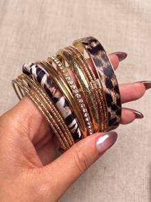 Bộ 10 vòng tay nữ phong cách vintage họa tiết da báo, vòng tay da phối đá rhinestone và kim loại dạng xếp chồng, trang sức phong cách Âu Mỹ cá tính nổi bật - Vàng - Xem 5