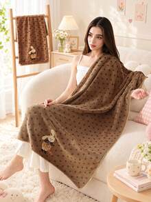 1pc/2pcs Approx. 14*29in/28*55in Pink Leopard Print Towel, Cute Embroidered Rabbit Pattern Coral Fleece Bath Towel + Face Towel, Ultra Soft High Absorbency Quick Dry Thick Non-Shedding Towel, Suitable For Bathroom, Home, Travel - Brown - View 2