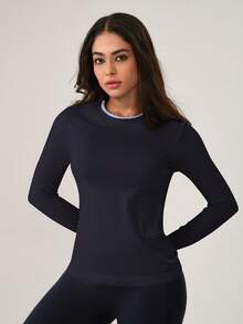Leorrey 1 buah Kaos Olahraga Wanita Fashion Wol Leher Bulat Warna Blok Dua Potong Nyaman Lembut Lengan Panjang - Navy Blue - View 7