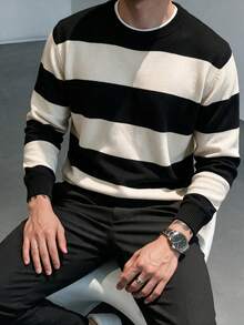 Men's Crew Neck Knit Sweater, Vintage Nautical Style Casual Pullover - Blue - View 3
