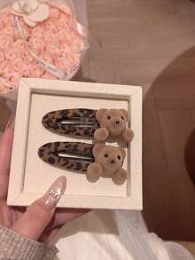 2pcs Cute Flocked Bear Leopard Print Hair Clips Side Clips Premium Bangs Forehead Hair Accessories Hair Clips - Multicolor - View 4
