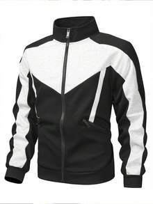 Sweatshirt Olahraga Pria dengan Kerah Tegak dan Resleting, Jaket Kasual Lengan Panjang Lengan Raglan dengan Desain Colorblock. - Hitam - View 5