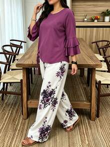 Bộ đồ nữ size lớn 2 món, áo tay bèo xếp lớp và quần ống rộng họa tiết hoa - Màu tím - Xem 3