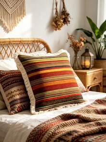 1PC Bohemian Printed Pillow Cover With Tassel Border, Double-Sided Decorative Pillowcase,Retro Color Striped Design, Home Decoration, Sofa, Bed, Bedroom,Christmas (Excluding Pillow Core)-Size Excludes 3cm Tassels - Multicolor - View 2