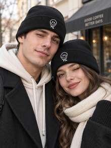 1pc Fashion Couple Melting Dripping Smiling Face Embroidered Knit Hat, Soft Rolled Edge Winter Skull Cap, Stretchy Comfortable Warm Street Style Beanie, Suitable For Autumn/Winter Daily Wear And Outdoor Warmth - Melting Drip  Face Style - View 2