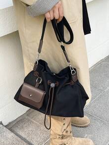Women Color Block Drawstring Tote Crossbody Bag,Detachable Mini Coin Purse,Adjustable Strap,Large Capacity,Casual Preppy For Daily Commute Shopping - Black - View 4