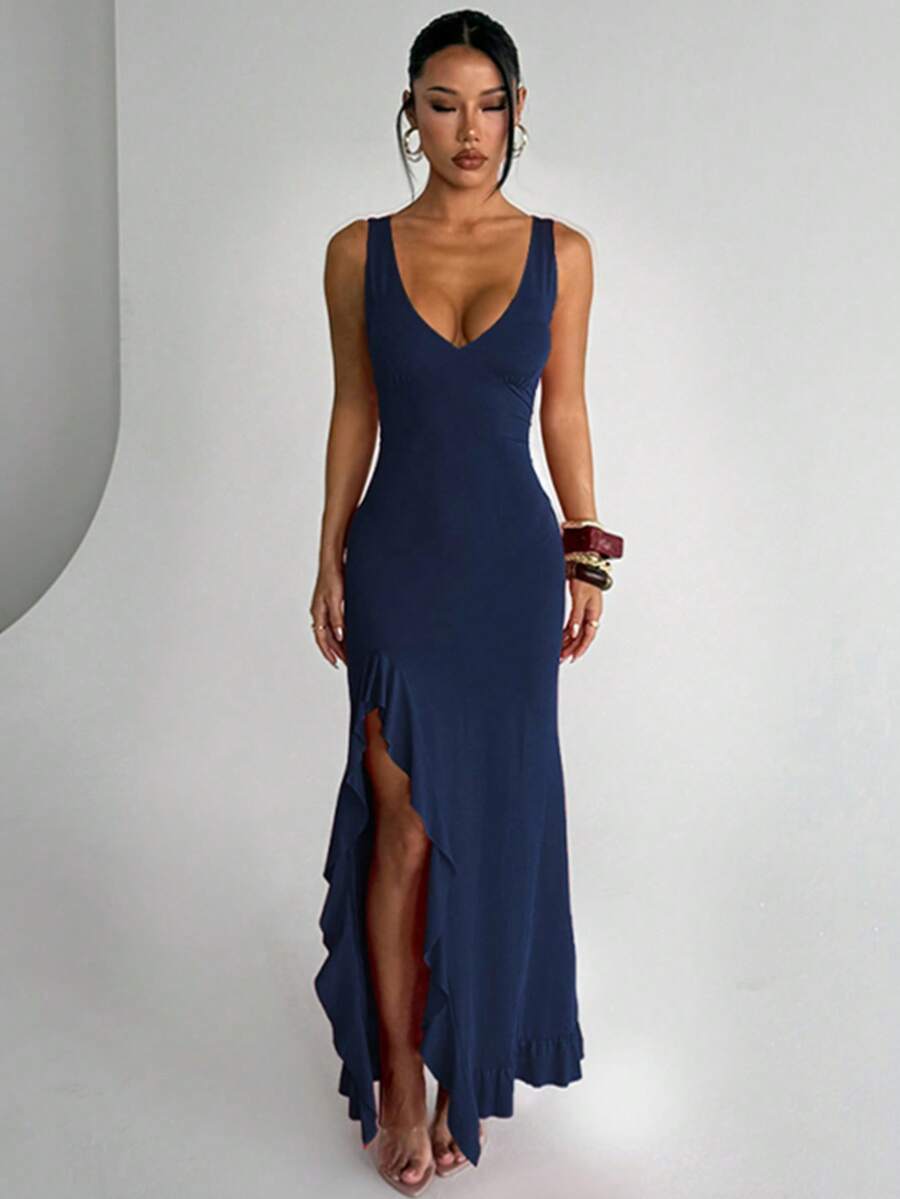 Sexy V-Neck Ruffle Summer Dress - Elegant Party Dress. Suitable For Dates, Parties, Travel, Vacations And Beach. Wedding Fall