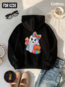 Halloween Autumn Winter Girls' Hooded Fleece Sweatshirt With Rainbow Bow Ghost Holding Ice Cream And Pumpkin Print - Black - View 4
