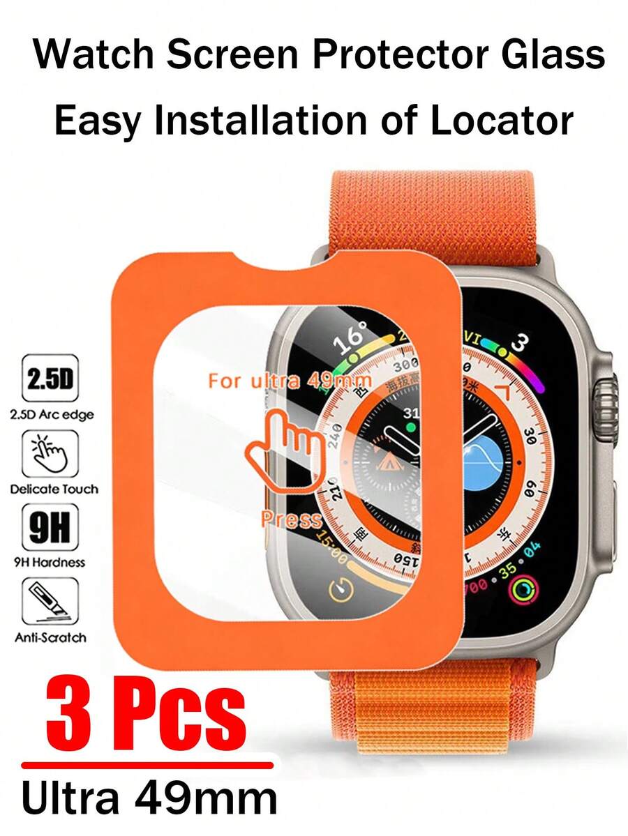 RQVQJ 3Pcs Tempered Glass Screen Protectors Designed For The Compatible With IPhone Compatible With Apple Watch Ultra 1 Ultra 2 Ultra 3 Ultra 4 49mm 9H Hardness Tempered Glass Auto-Alignment Installation Waterproof Scratch & Impact Resistant Crystal Clear Protective Film, Smartwatch Protection Seamless Fit Easyinstall Protection