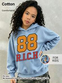Kids Hooded Sweatshirt, 88 R.I.C.H Number Letter Graphic Print Thick Fleece Lined Pullover For Kids - Blue - View 3