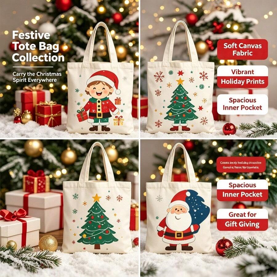 3pcs Christmas Santa Claus Gift Christmas Eve Apple Canvas Tote Bag, Christmas Gift Bag, Gift Storage Bag - Multicolor - View 1