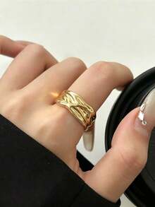 3pcs European & American Vintage Asymmetrical Pleated Wide Band Rings Set, Fashionable Luxury High-End Gold Open Rings, Suitable For Women's Daily, Holiday, Commute Wear - 3-piece Ring Set - View 4