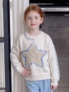 Girls Star Pattern Knit Sweater, Long Sleeve Crew Neck Pullover, Casual School & Daily Wear, Autumn/Winter Tween Girls Clothing - Apricot - View 2