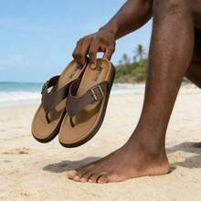 Chanclas casuales para hombre de uso doméstico, correa con hebilla regulable, suela resistente, calzado cómodo para verano - Marrón - Ver 10
