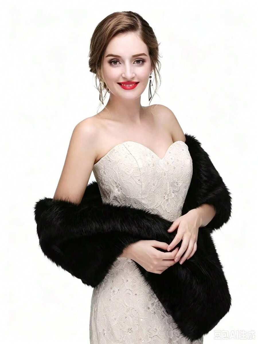1pc Winter Bride Wedding Dress Fur Shawl Cape Cloak Scarf Thickened Fleece Women's Performance Costume - Black - View 1
