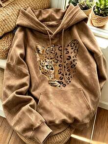 Women's Vintage Mineral Wash Hooded Sweatshirt, Fashion Leopard Face Graphic Print Loose Fit Drawstring Drop Shoulder Casual Sweatshirt - Brown - View 1