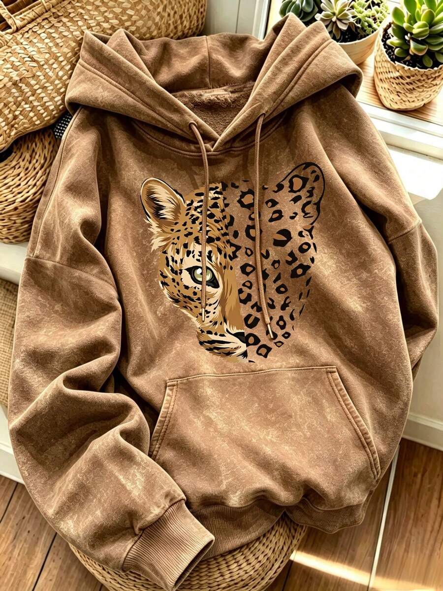 Women's Vintage Mineral Wash Hooded Sweatshirt, Fashion Leopard Face Graphic Print Loose Fit Drawstring Drop Shoulder Casual Sweatshirt - Brown - View 1