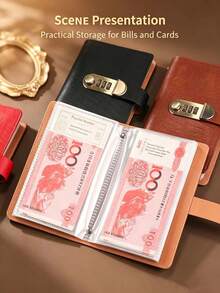 1pcLockable Cash Savings Binder, PU Leather Budget Planner Notebook With Clear Sleeves, 50 Pages Holds 100 Sheets, Password Lock Money Organizer For Household Budget, Financial Management - View 1