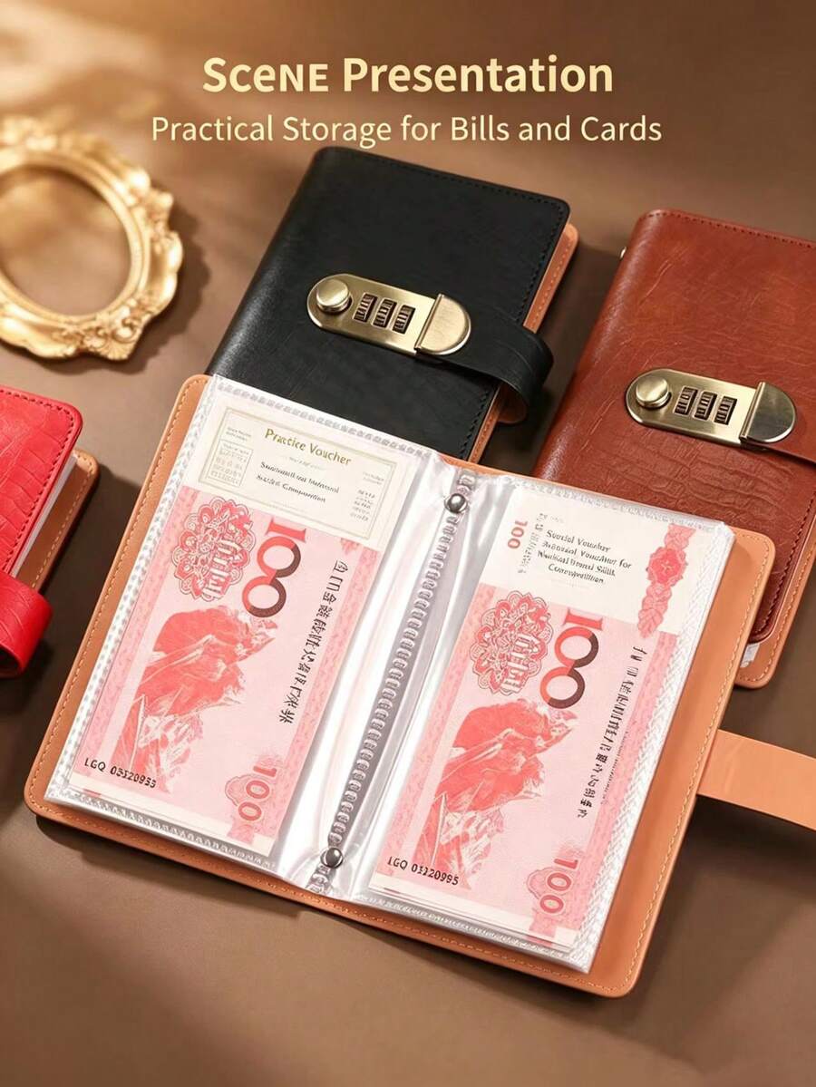 1pcLockable Cash Savings Binder, PU Leather Budget Planner Notebook With Clear Sleeves, 50 Pages Holds 100 Sheets, Password Lock Money Organizer For Household Budget, Financial Management - View 1