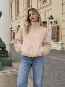 Women's Autumn Stand Collar Zipper Long Sleeve Casual Short Jacket - Pink - View 6