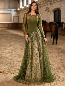 Autumn/Winter Elegant Sequin Leaf Embroidery Tulle Patchwork Pleated Knit 2 In 1 Long Dress, Illusion Long Sleeve Party Wedding Dress - Dark Green - View 8