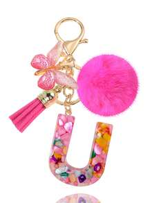 1pc Pink Letter Keychain, Initial Letter Car Key Chain Pendant, Cute Butterfly Tassel Fur Ball Charm For Girls Bag Key Ring Accessory, Halloween Gift Decoration, Suitable For Decorating Handbags, Wallets, Backpacks, Valentine's Day, Bachelorette Party Gift - Hot Pink - View 34