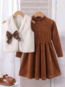 Tween Girls Tween Girl Autumn/Winter Dress Set, 2pcs Halloween Christmas Outfit, Brown Coffee Color Fuzzy Vest Jacket With Bowknot, Sweet Fashion Streetwear Matching Set - Multicolor - View 2