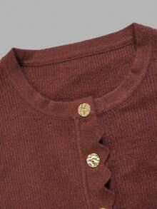 DONICY Women's Coffee Crew Neck Scalloped Edge Gold Button Ribbed Knit Crop Cardigan, Slim Long Sleeve Layering Sweater Jacket For Fall Winter Daily Wear - Coffee Brown - View 4