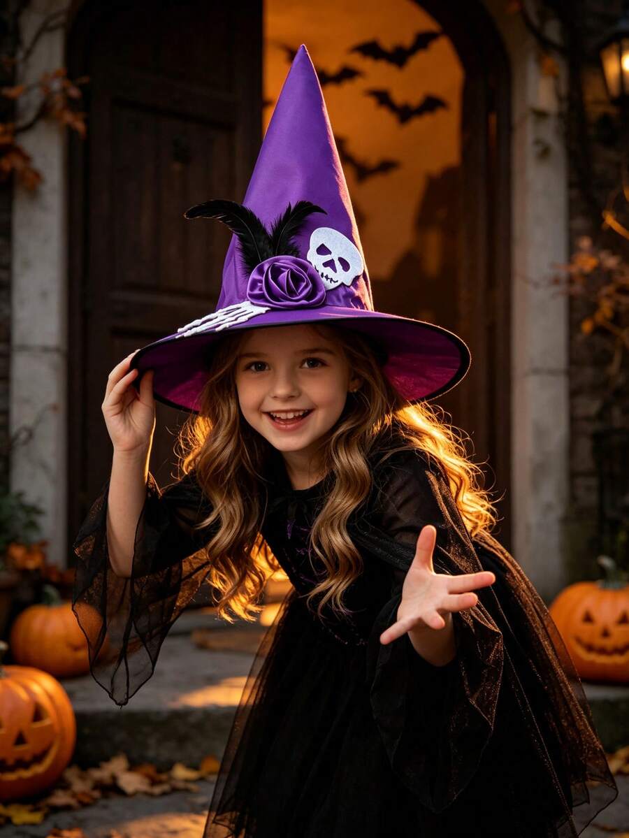1pc Halloween Witch Hat With Skull Elements And Hand Bone Decor, Werewolf And Vampire Patterns, Suitable For Holiday Party Decoration - Multicolor - View 1