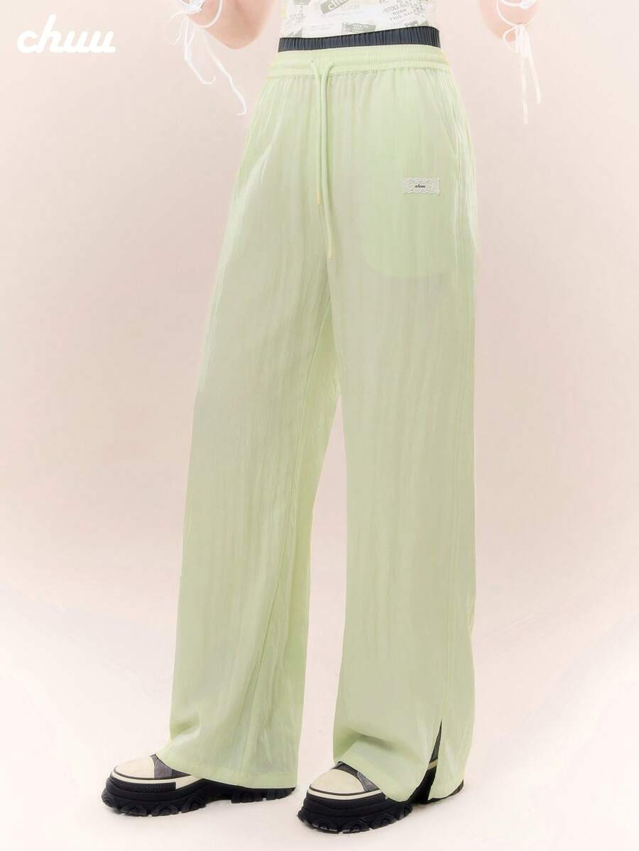 CHUU Drawstring Split Hem Casual Pants Women Autumn Design Elastic Waist Patchwork Versatile Wide Leg Long Pants - Mint Green - View 1