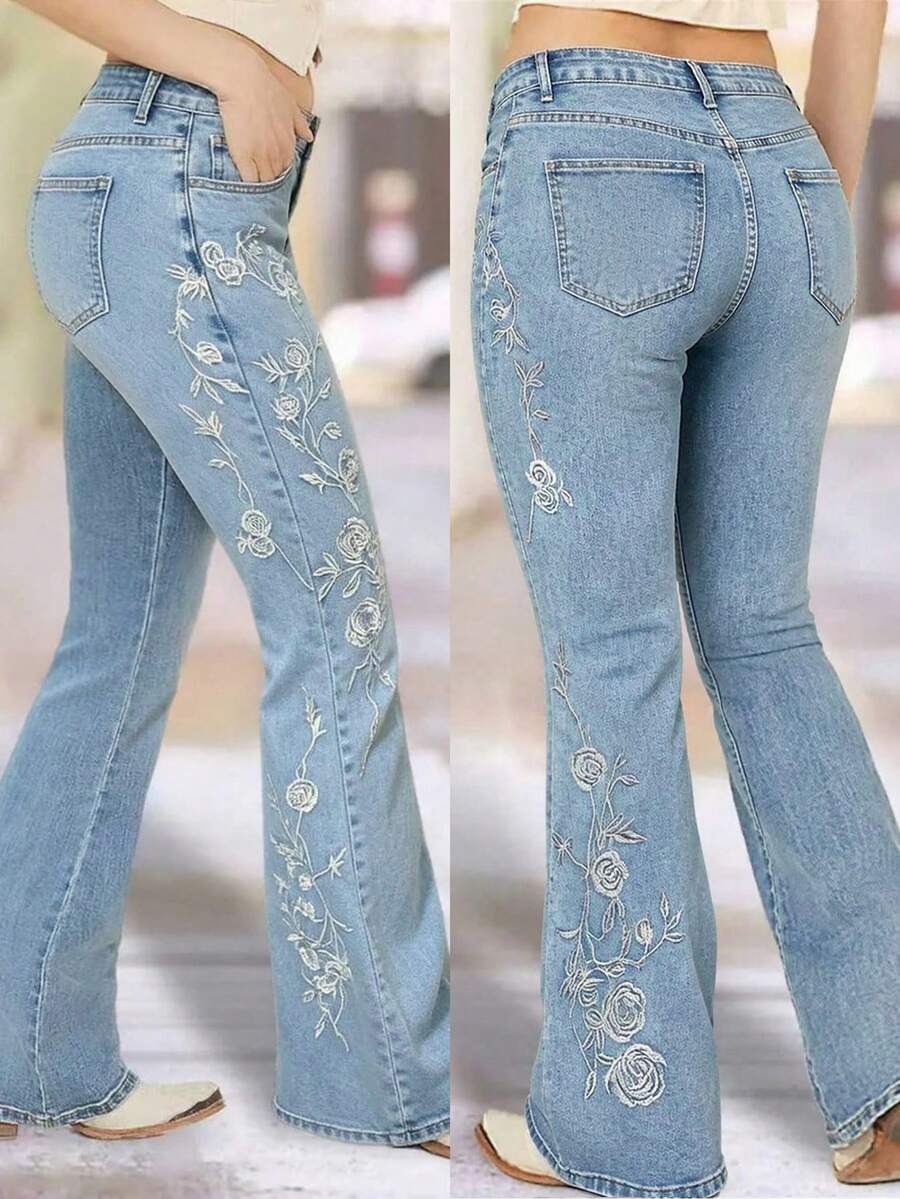 Women's Stretch Washed Embroidered Denim Flare Leg Jeans - Light Wash - View 1