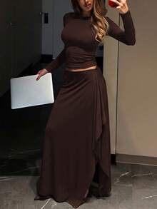 Elegant Women's Round Neck Long Sleeve 2 Pieces Set With Asymmetrical Pleated High Elasticity Skirt, Wedding Style - Brown - View 1