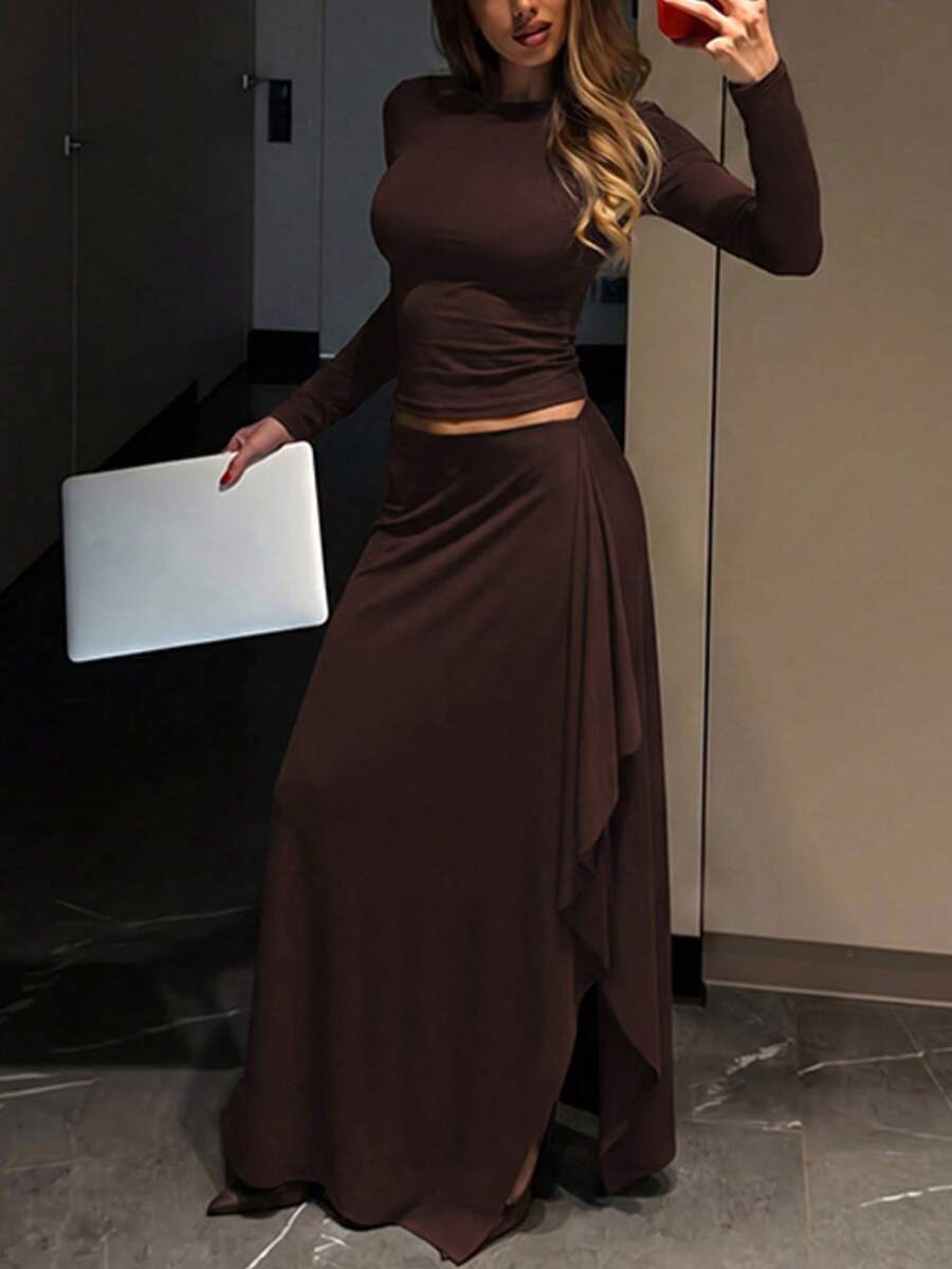 Elegant Women's Round Neck Long Sleeve 2 Pieces Set With Asymmetrical Pleated High Elasticity Skirt, Wedding Style - Brown - View 1