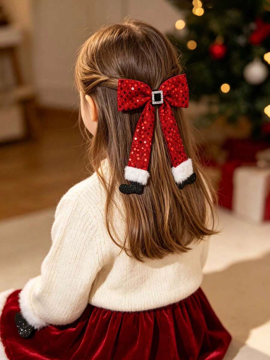 Christmas Boot Bow Sequin Hair Clip, Simple Versatile Bow Knot Pom Pom Kids Hair Clip - Multicolor - View 1