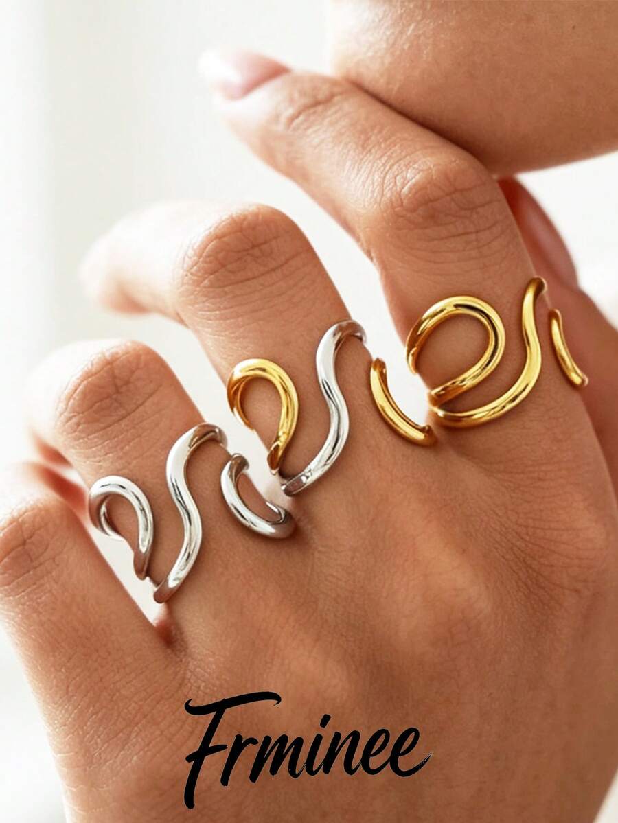 Frminee 3件/1件裝 秋季極簡金色不鏽鋼女款戒指，防水珠寶飾品，適合日常配戴與度假，情人節禮物
