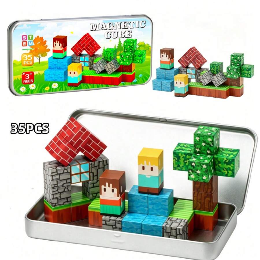 35pcs Farm Theme STEM Magnetic Building Blocks Set, 35pcs Children's Educational Engineering Travel Toys With Portable Metal Box, Suitable For Toddlers 3 Years And Above - Color - View 1