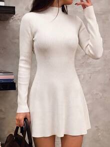 Unadoll Women's White Ribbed Knit Mini Dress, Elegant Small Stand Collar Long Sleeve Flared Hem Sweater Dress, Suitable For Date Night And Back To School Season - Apricot - View 6