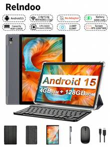 Relndoo 2026 Android Pad, 10.1-Inch Tablet With Keyboard, 24GB RAM (4GB + 20GB) + 128GB ROM, 4-Core 2.0 GHz, Wi-Fi 6, Android 15 Tablet, 1280*800 HD Touchscreen, Dual Camera, 6000mAh Battery, Comes With A Free Keyboard, Mouse, Stylus And Case(No Adapter) - Black - View 1