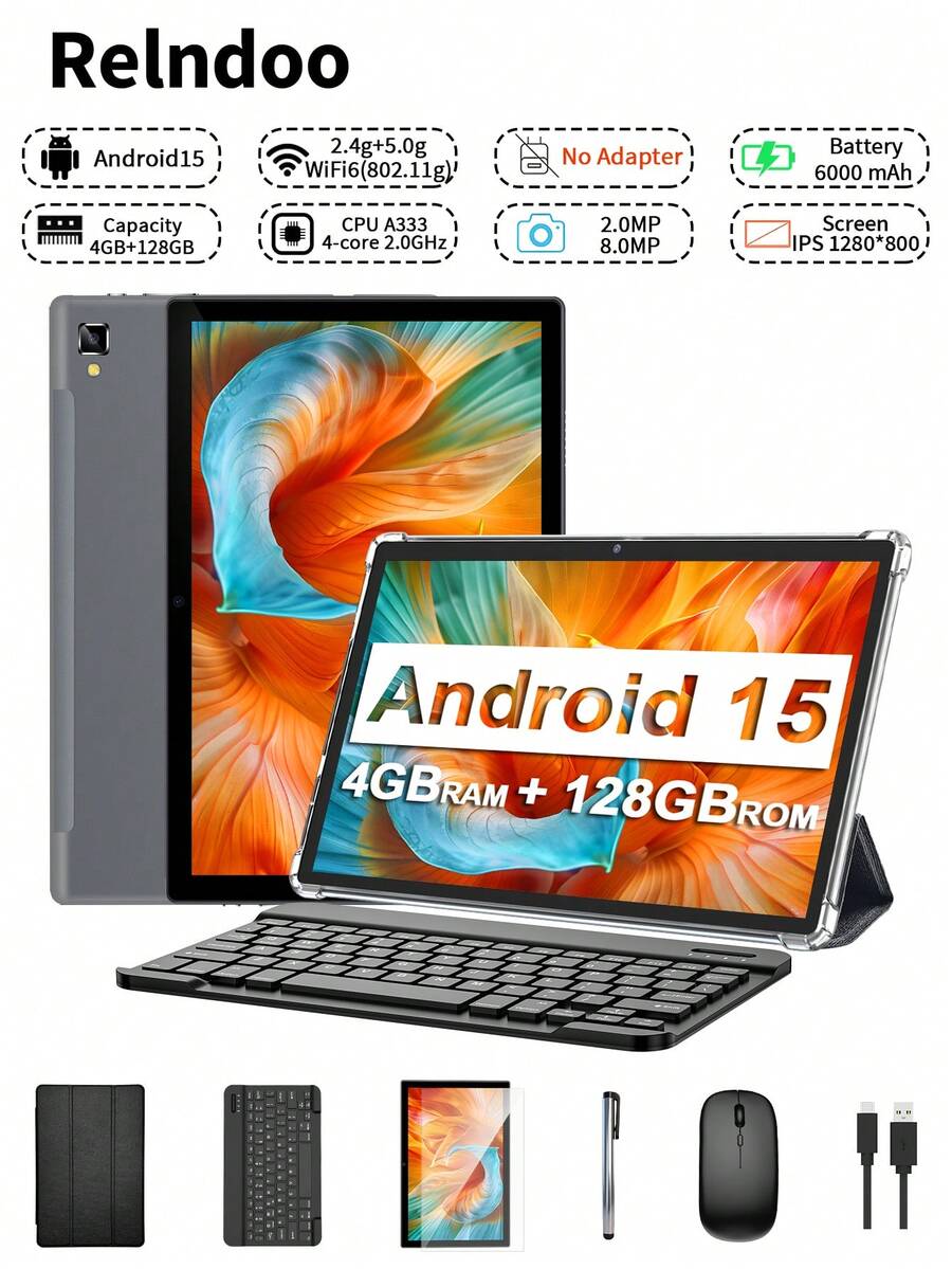 Relndoo 2026 Android Pad, 10.1-Inch Tablet With Keyboard, 24GB RAM (4GB + 20GB) + 128GB ROM, 4-Core 2.0 GHz, Wi-Fi 6, Android 15 Tablet, 1280*800 HD Touchscreen, Dual Camera, 6000mAh Battery, Comes With A Free Keyboard, Mouse, Stylus And Case(No Adapter) - Black - View 1