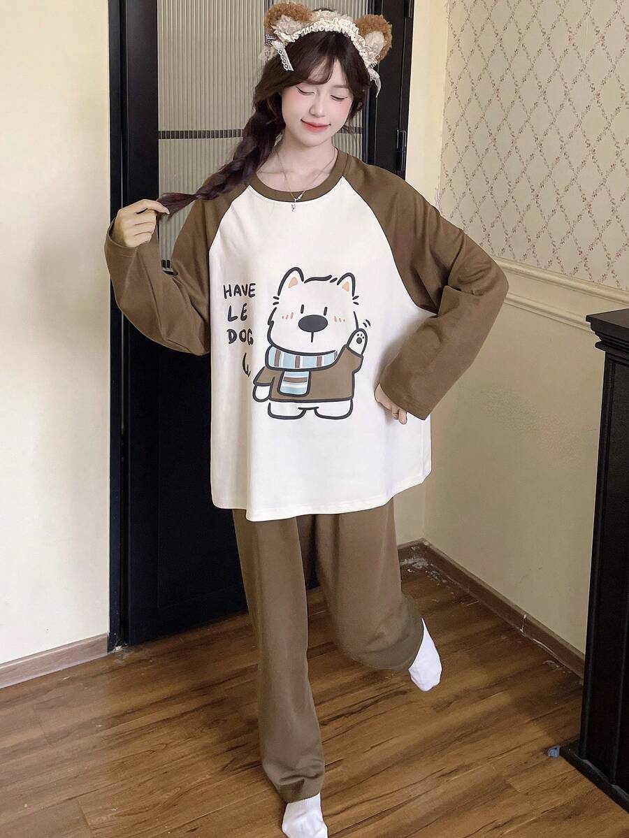 2件組女款春夏秋冬卡通睡衣,休閒吸汗透氣圓領長袖長褲居家服,秋季女裝 - 棕色 - 查看 1