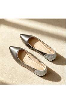 Women's Pointed Toe Shallow Flat Shoes With Rhinestone Heel Patchwork Soft Leather Granny Shoes, Commute Versatile Gentle Fairy Shoes - Dark Grey - View 4