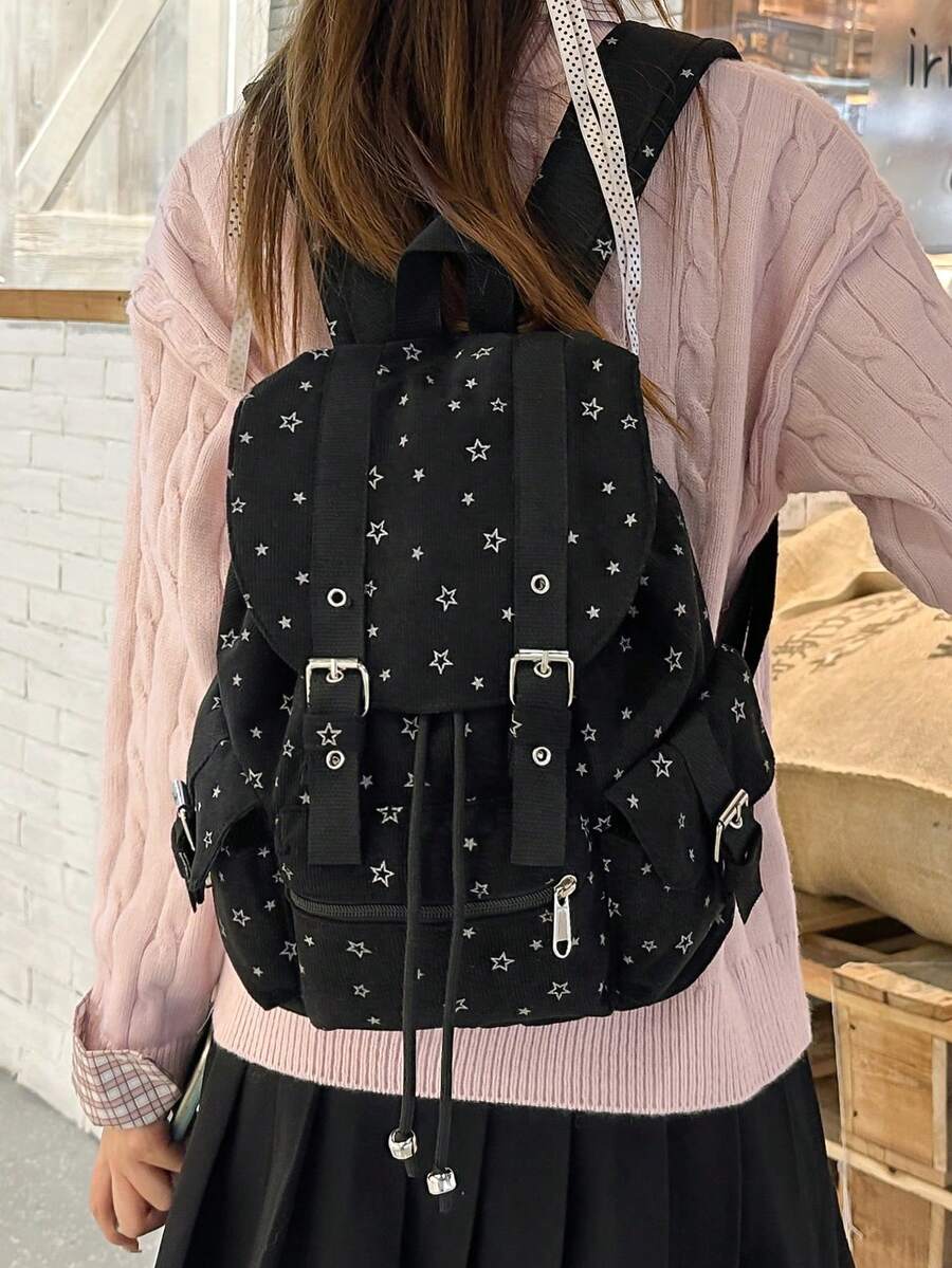 A Minimalist Large Capacity Multi-Pocket Striped Backpack - Black - View 1