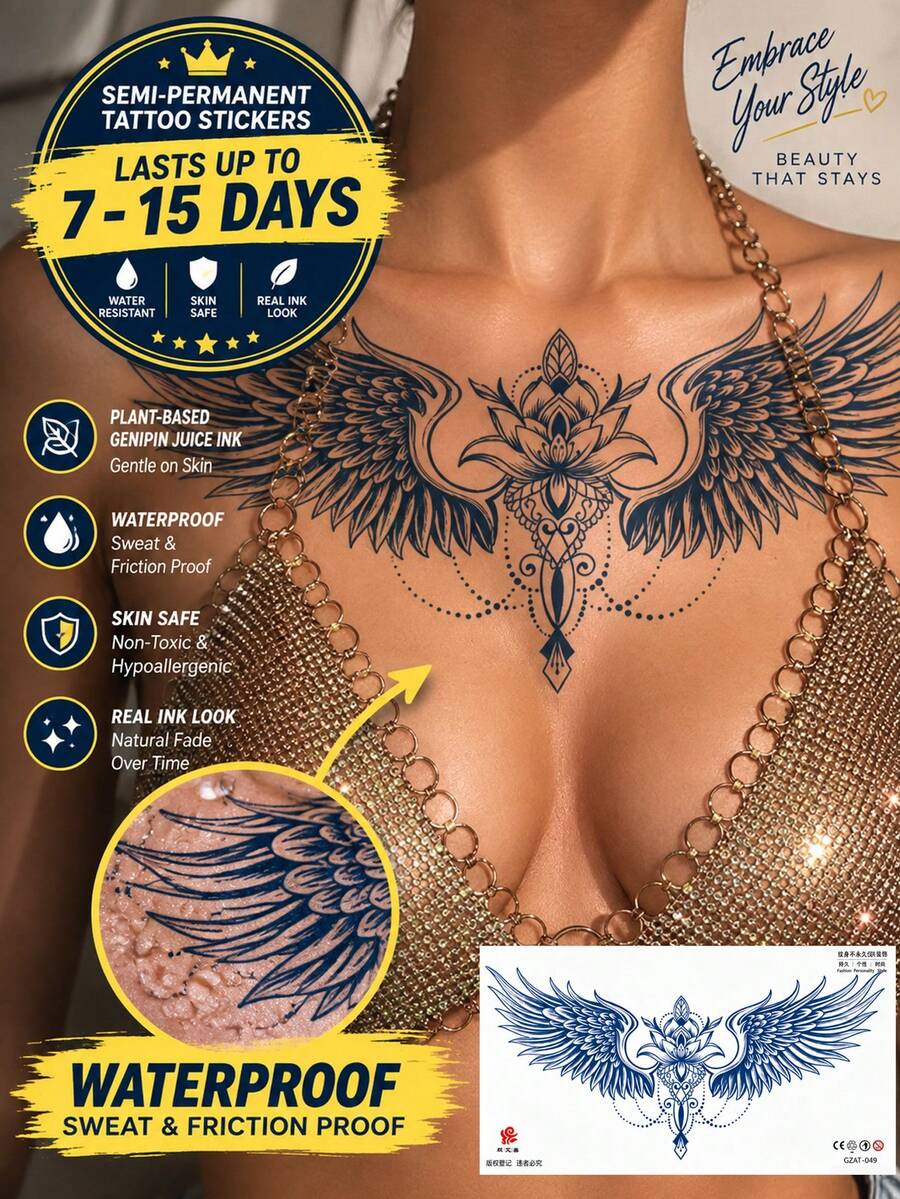Stiker Tato Sayap Tahan Air, Tato Sementara Semi-Permanen Berbasis Tumbuhan, Pola Sayap, Bunga, dan Rantai yang Keren, Tahan Air dan Tidak Memantulkan Cahaya, Mudah Digunakan, Cocok untuk Punggung, Dada, dan Bagian Tubuh Wanita Lainnya, Bertahan 7-15 Hari - Biru - View 1