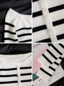 Women's Knit Cardigan Off-Shoulder Long Sleeve Ribbed Ribbed Top Single Breasted Cropped Waist-Baring Slim Fit Base Layer Sweet Cool Sexy Hot Girl Y2K Style Autumn Casual Street Date Inner Wear - Black and White - View 10