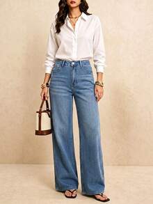 Minimalist Denim Straight Leg Pants, Non-Stretch Material With Button Decor, Women's Basic Pants - Dark Wash - View 2