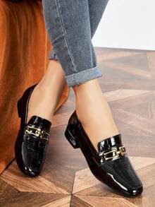 Women's Black Patchwork Low Heel Loafers, Round Toe Slip-On Flat Shoes, School Uniform Shoes For Spring And Autumn, Work Shoes, Daily Commute - Black - View 1