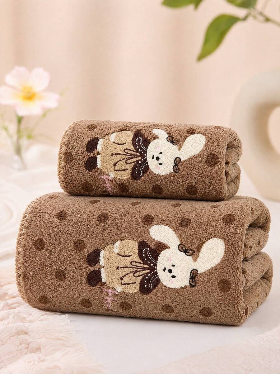1pc/2pcs Approx. 14*29in/28*55in Pink Leopard Print Towel, Cute Embroidered Rabbit Pattern Coral Fleece Bath Towel + Face Towel, Ultra Soft High Absorbency Quick Dry Thick Non-Shedding Towel, Suitable For Bathroom, Home, Travel - Brown - View 1