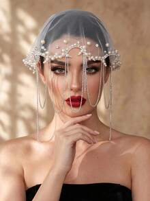 Pearl Rhinestone Chain Tassel Bridal Veil, Western Style Bride Portrait Photography Veil Accessory - Multicolor - View 4